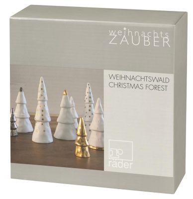 Verpackung des Winterzeit Weihnachtswald Sets von Räder mit Deko-Tannenbäumen in Silber und Gold.